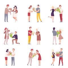 Men Giving Bouquet of Flowers to Women, Romantic Couples in Love on Date, Holiday Congratulations Flat Vector Illustration