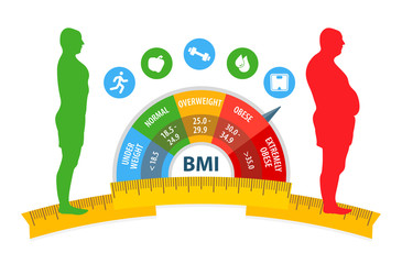Body mass index. Weight loss. Body with different weight. Man with different obesity degrees. Vector illustration.