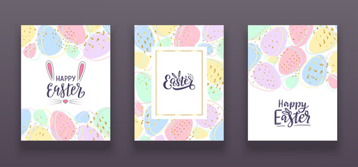 Set of Happy Easter Cards. Rainbow ester eggs background with brush strokes and gold texture. Colorful and funny design with three unique lettering esater logo. Vector illustaration EPS 10