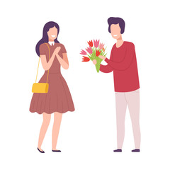 Romantic Couple in Love, Man Giving Bouquet of Flowers to Beautiful Smiling Woman Flat Vector Illustration