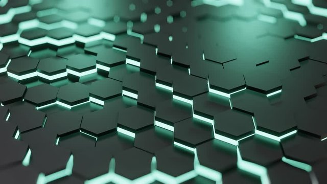 Abstract of futuristic black surface honeycom hexagon pattern with menta light. Moving menta futuristic  backgound. 4K 3D loop animation