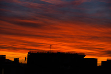 Beautiful colorful sky above rooftops in Belgrade, Serbia