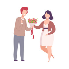 Man Giving Bouquet of Flowers to Woman, Romantic Couple in Love on Date, Holiday Congratulation Flat Vector Illustration