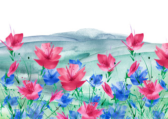 Watercolor painting. Red, pink poppy flower, tulip, wildflower painted by watercolor. Garden flowers, glade.Hand drawn watercolor floral illustration, logo. Summer landscape. abstract paint splash.