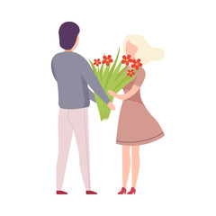 Man Giving Bouquet of Flowers to Beautiful Blonde Woman, Romantic Couple in Love on Date, Holiday Congratulation Flat Vector Illustration