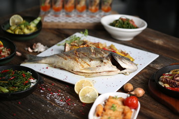 grilled sea bream steak with vegetables