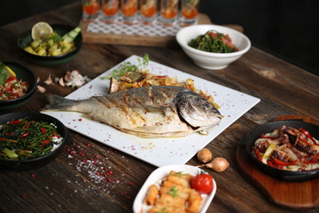 grilled sea bream steak with vegetables