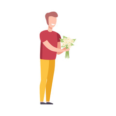 Smiling Man Holding Bouquet of Flowers, Holiday Congratulations, Romantic Date Vector Illustration