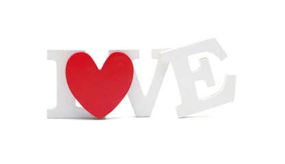 White letters of Love with red heart isolated on white background clipping path., Decor for the wedding and St. Valentine's Day.
