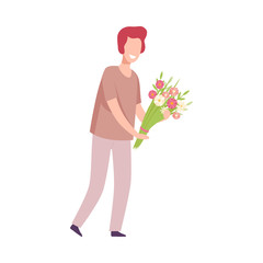 Smiling Man Giving Bouquet of Flowers, Holiday Congratulations, Romantic Date Vector Illustration