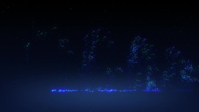 Scattering purple and blue luminous particles wave-like movement 3d render