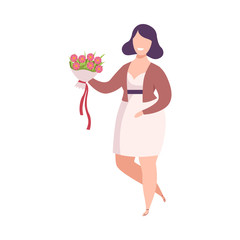 Beautiful Smiling Woman Holding Bouquet of Flowers, Happy Attractive Girl Character Wearing Casual Stylish Clothes Flat Vector Illustration