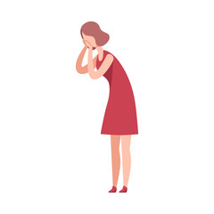 Beautiful Young Woman overing her Face with her Hands, Happy Attractive Girl Character Wearing Red Dress Flat Vector Illustration