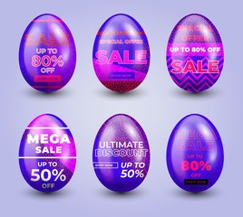 Traditional set sale of eggs in pastel shades on a light gradient background.