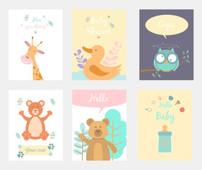 Set of invitations to baby shower, greeting card, giraffe, duck, owl, bear, soft toy and dummy. Vector illustration
