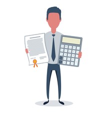 Businessman or clerk. Male character in trendy simple style with objects, flat vector illustration. Business concept. Isolated on white background.