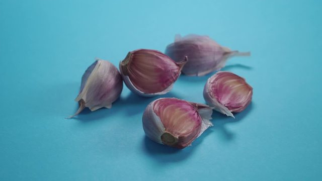 Five cloves of fresh garlic on a bright blue creative background. Dolly shot. Spicy healthy vegetable seasonings