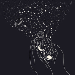 Vector space background with hands holding constellations, planets, moon and stars - 326398836