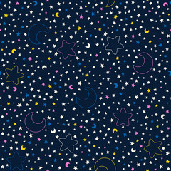 Seamless space pattern with colorful cartoon doodle half moon and stars