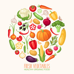 Vector harvest illustration with fresh organic vegetables on round shape background
