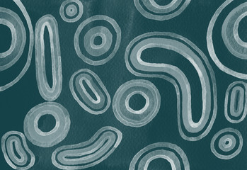 Dark Teal watercolor background with circles and rings. Raster hand painted texture.