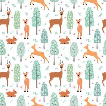 Seamless pattern with deer, doe, roe deer on the background of a tree, plant, bush and different elements. Vector illustration