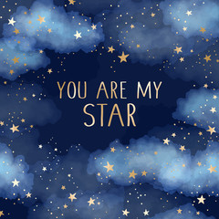 You are my star vector space background with gold constellations and clouds. Watercolor night sky illustration - 326399236
