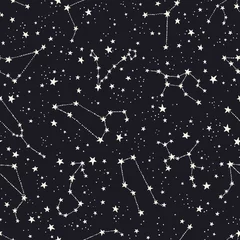 Stof per meter Astrologie naadloze patroon met dierenriem zingt en sterren. Horoscoop symbolen ruimte achtergrond © Tamiris