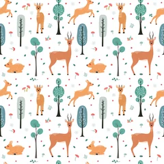 Wall murals Little deer Seamless pattern with deer, doe, roe deer on the background of a tree, plant, bush and different elements. Vector illustration