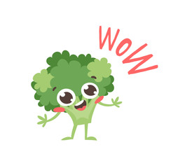 Cartoon drawing veggie emoji. Hand drawn emotional meal.Actual Vector illustration abroccoli. Creative ink art work food and word