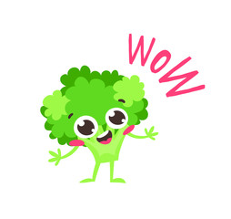 Cartoon drawing veggie emoji. Hand drawn emotional meal.Actual Vector illustration abroccoli. Creative ink art work food and word