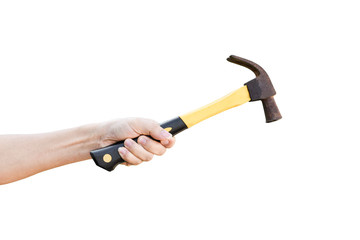 hand holding old rusty hammer isolated on white background, with clipping path