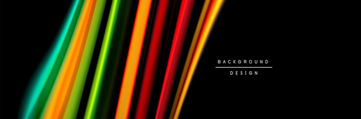 Silk and smooth flow wave poster design. Color waves, liquid style lines and shapes in black color background