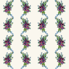 seamless pattern of watercolor garland of bright pink flowers and green herbs, eucalyptus twigs and leaves. Watercolor and dynamic graphics with ink and pen. Vintage background