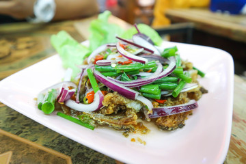 fried fish salad, spicy salad