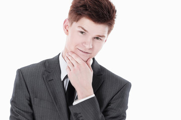 Pensive man props head with hand, isolated on white