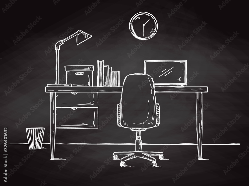 Aufkleber sketch the workplace in front of the computer. vector