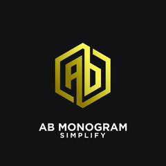 gold ab, ba, a b initial monogram hexagon letter black logo design with black background