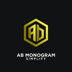 gold ab, ba, a b initial monogram hexagon letter black logo design with black background