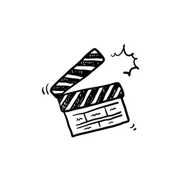 hand drawn Movie clapperboard icon. Film set clapper for cinema production. Board clap for video clip scene start. Lights, camera, action! Hand drawn sketch in vector doodle style