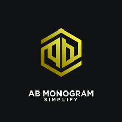 gold ab, ba, a b initial monogram hexagon letter black logo design with black background