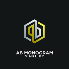 gold silver ab, ba, a b initial monogram hexagon letter black logo design with black background