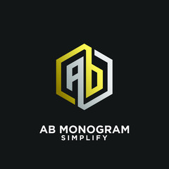 gold silver ab, ba, a b initial monogram hexagon letter black logo design with black background