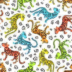 Watercolor seamless pattern with colorful rainbow tigers.  Hand painted raster illustration.