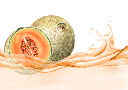 Fresh rmelon on a wave of juice, watercolor hand drawn illustration