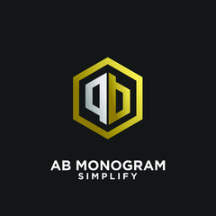 gold silver ab, ba, a b initial monogram hexagon letter black logo design with black background