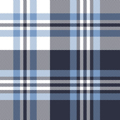 Plaid pattern seamless vector texture. Herringbone pixel tartan check plaid background in blue and white for flannel shirt, blanket, throw, duvet cover, or other modern textile design.