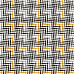 Glen plaid pattern. Classic seamless tweed check plaid texture in nearly black, yellow gold, and white for trousers, coat, skirt, jacket, or other modern autumn or winter fashion clothing print.