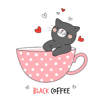 Draw black cat sleeping in cup of coffee.