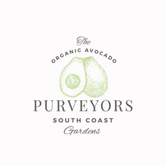 Avocado South Farm Abstract Vector Sign, Symbol or Logo Template. Hand Drawn Sketch Fruit with Retro Typography. Vintage Luxury Emblem.